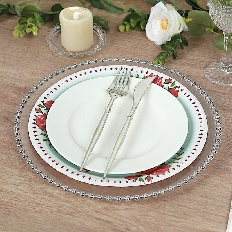 25 Paper Round Disposable Plates with Vintage Rose Flower Print