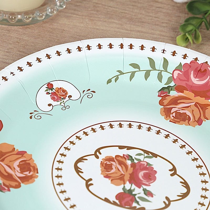 25 Paper Round Disposable Plates with Vintage Rose Flower Print