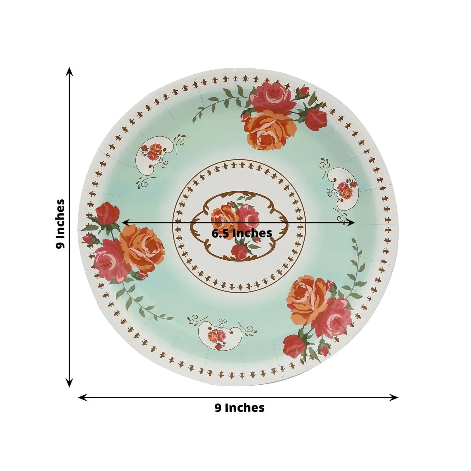 25 Paper Round Disposable Plates with Vintage Rose Flower Print
