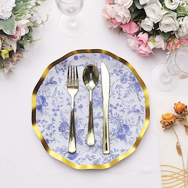 25 Round Disposable Dinner Salad Paper Plates with Gold Wavy Trim