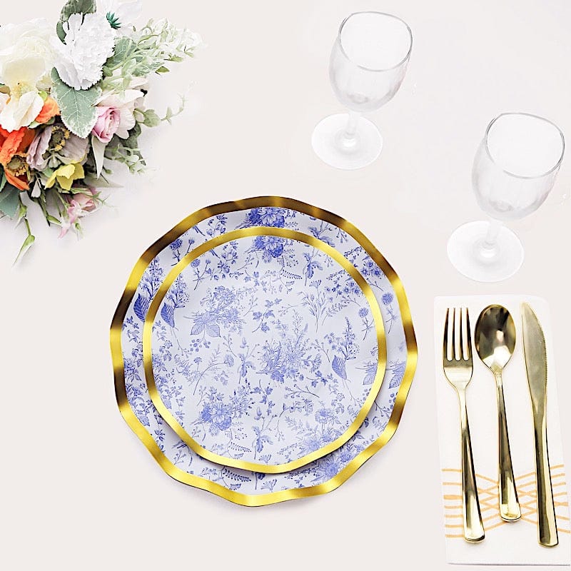 25 Round Disposable Dinner Salad Paper Plates with Gold Wavy Trim
