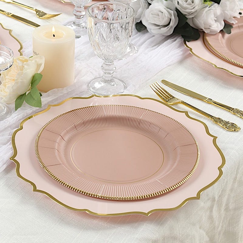 25 Round Metallic Disposable Dinner Salad Paper Plates with Textured Trim