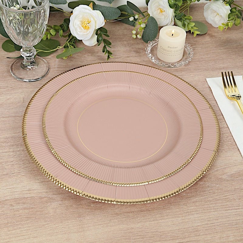 25 Round Metallic Disposable Dinner Salad Paper Plates with Textured Trim
