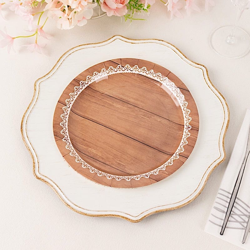 25 Brown Wood Print with Floral Lace Disposable Salad Dinner Paper Plates