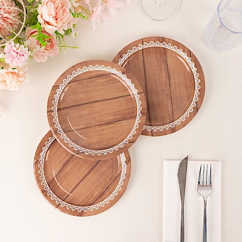 25 Brown Wood Print with Floral Lace Disposable Salad Dinner Paper Plates