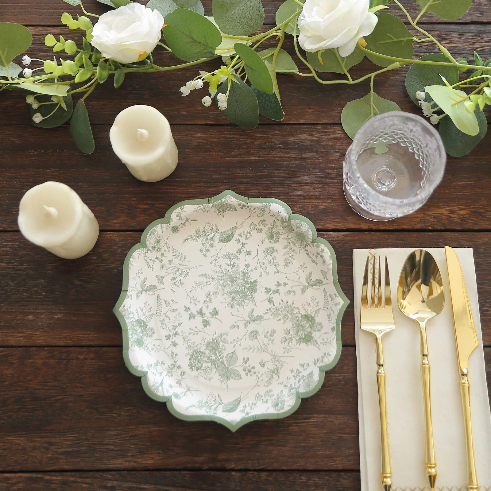 25 White Disposable Paper Plates with Sage Green Floral Leaves Print and Scalloped Rim