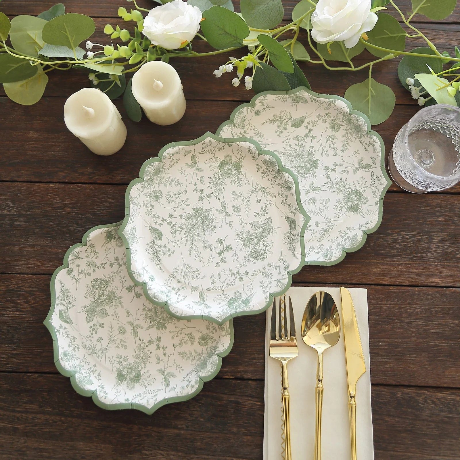 25 White Disposable Paper Plates with Sage Green Floral Leaves Print and Scalloped Rim