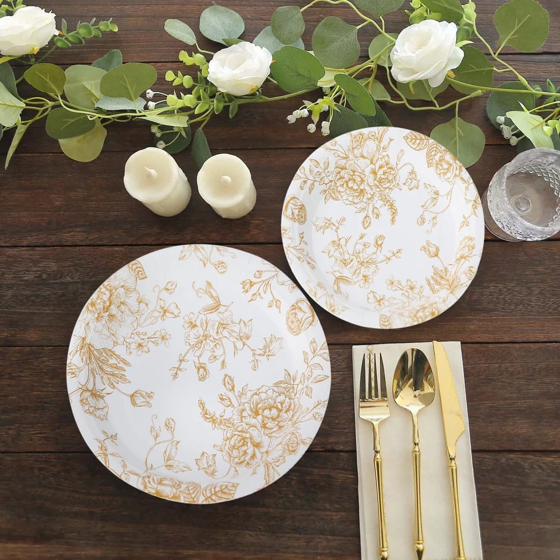 25 White Disposable Salad Dinner Paper Plates with French Toile Design