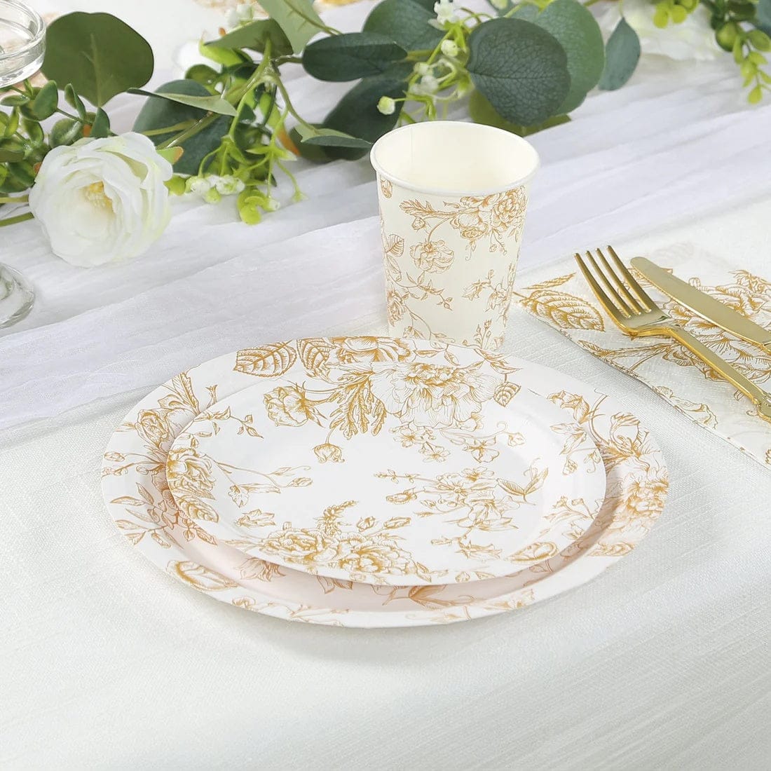 25 White Disposable Salad Dinner Paper Plates with French Toile Design