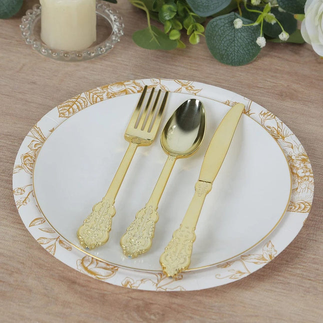 25 White Disposable Salad Dinner Paper Plates with French Toile Design