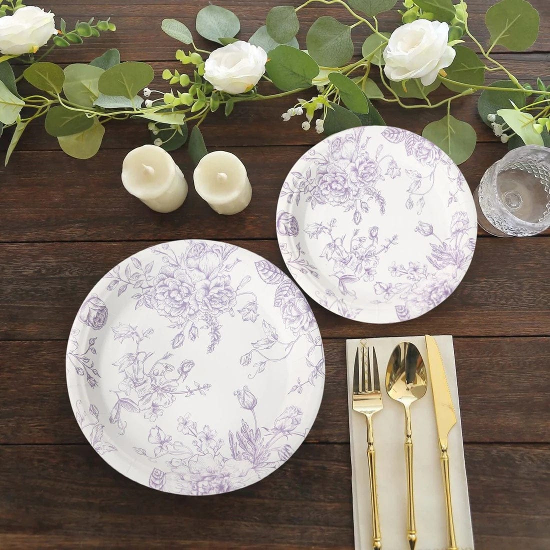 25 White Disposable Salad Dinner Paper Plates with French Toile Design