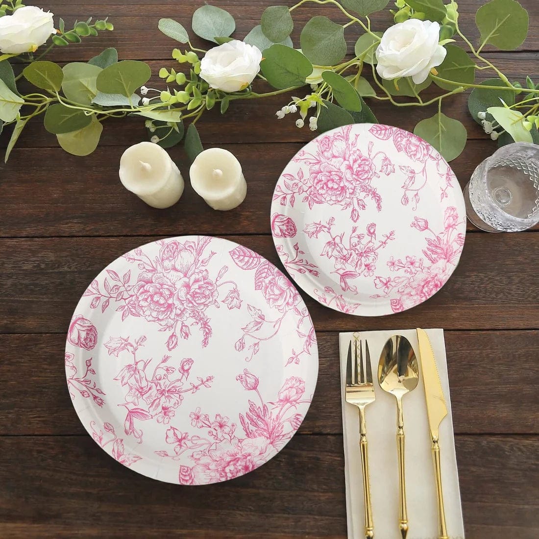 25 White Disposable Salad Dinner Paper Plates with French Toile Design