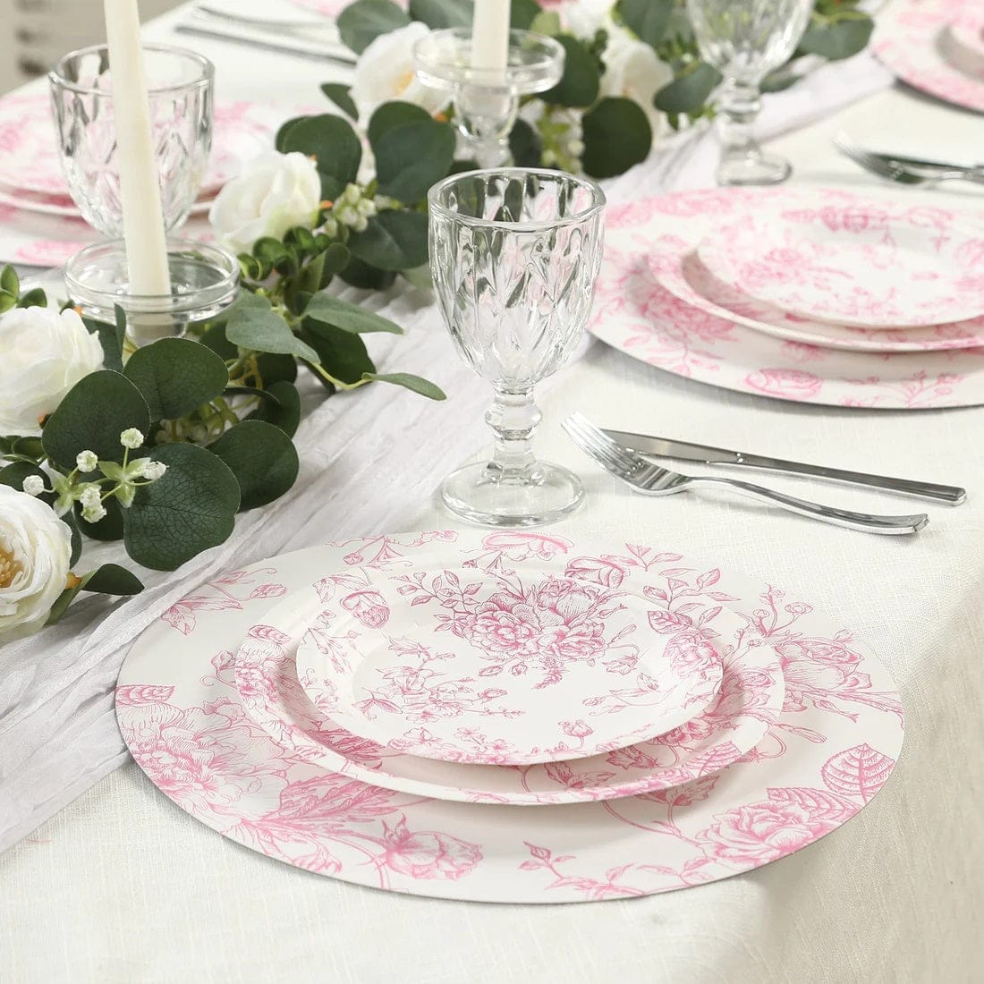 25 White Disposable Salad Dinner Paper Plates with French Toile Design