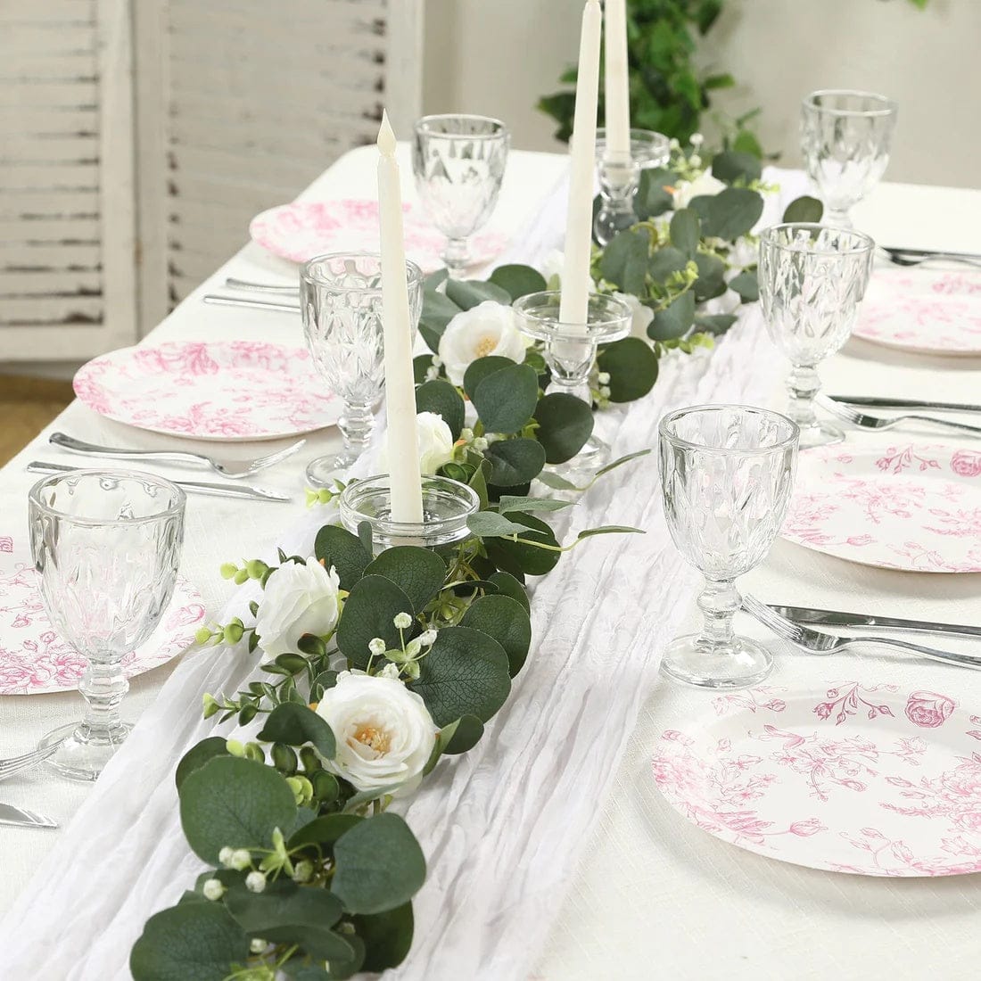 25 White Disposable Salad Dinner Paper Plates with French Toile Design