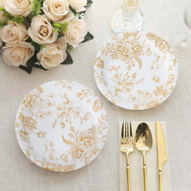 25 White Disposable Salad Dinner Paper Plates with French Toile Design
