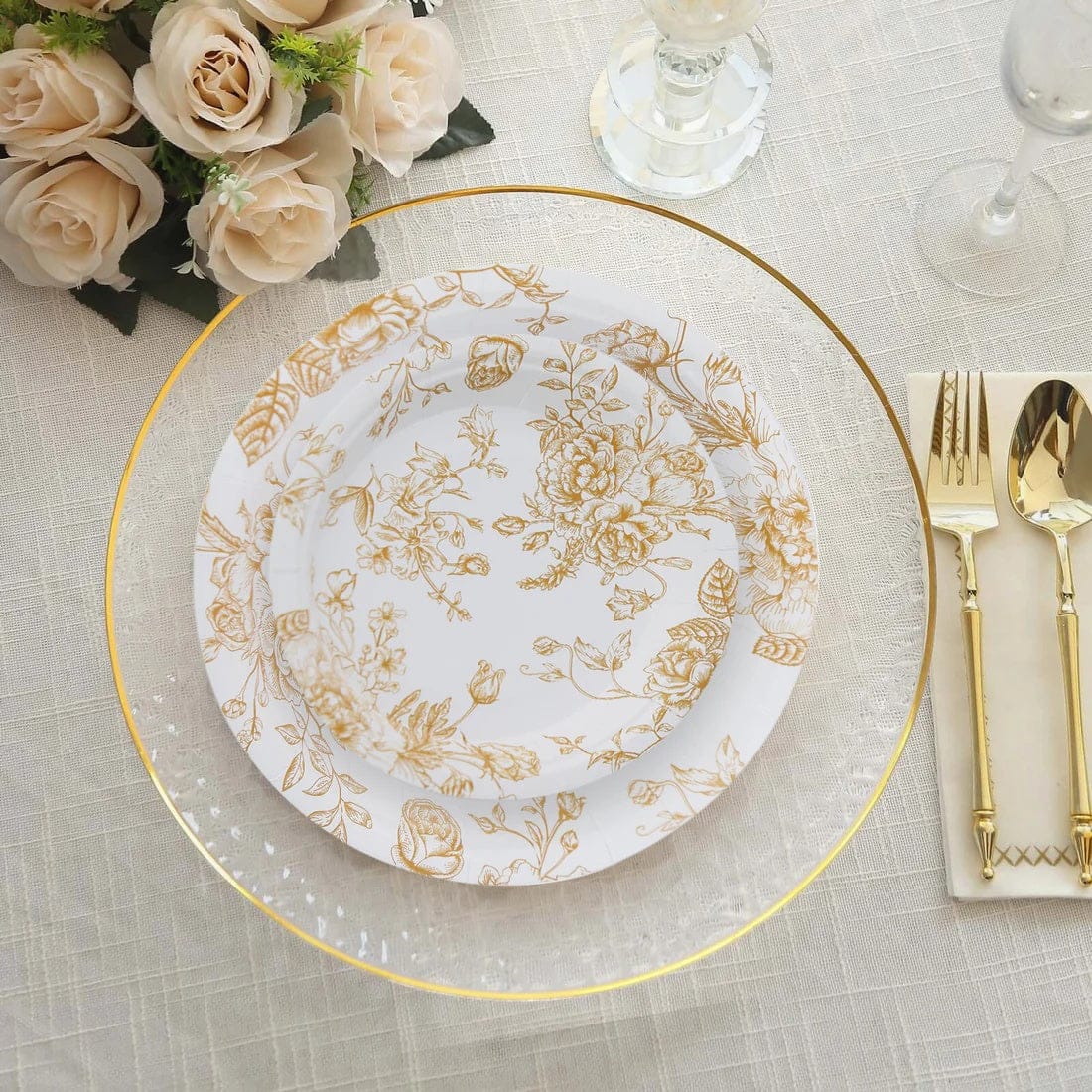 25 White Disposable Salad Dinner Paper Plates with French Toile Design