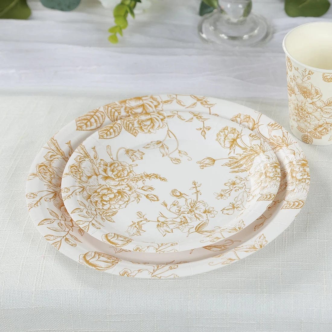 25 White Disposable Salad Dinner Paper Plates with French Toile Design