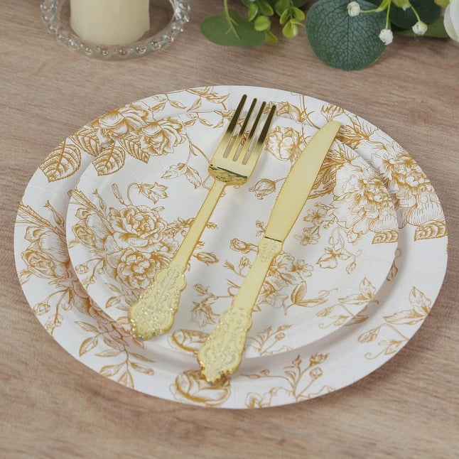 25 White Disposable Salad Dinner Paper Plates with French Toile Design