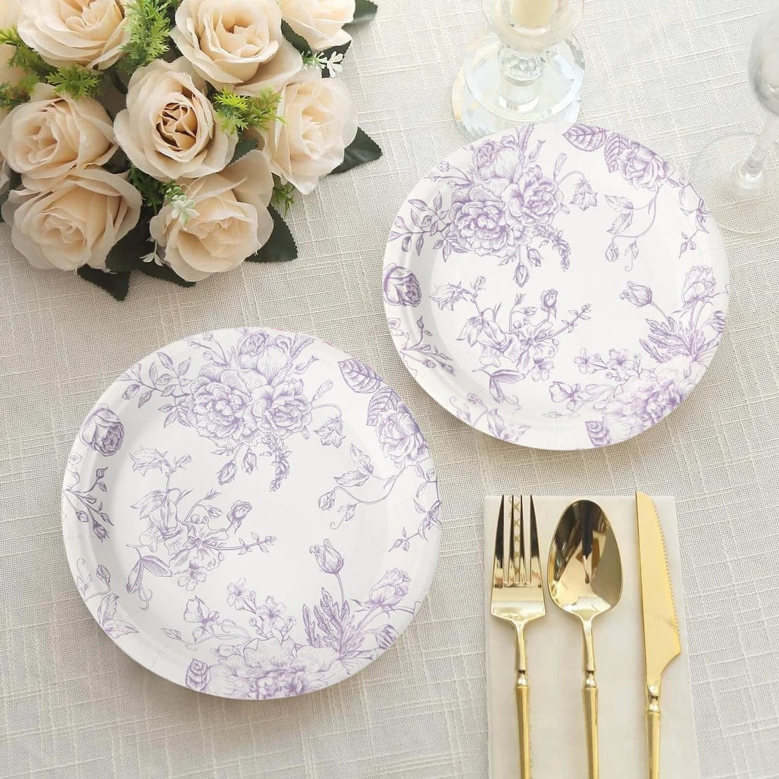 25 White Disposable Salad Dinner Paper Plates with French Toile Design