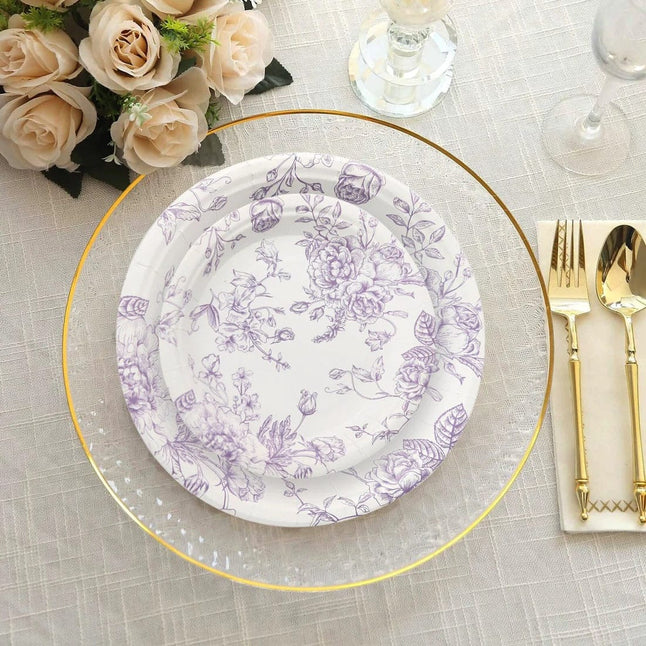 25 White Disposable Salad Dinner Paper Plates with French Toile Design