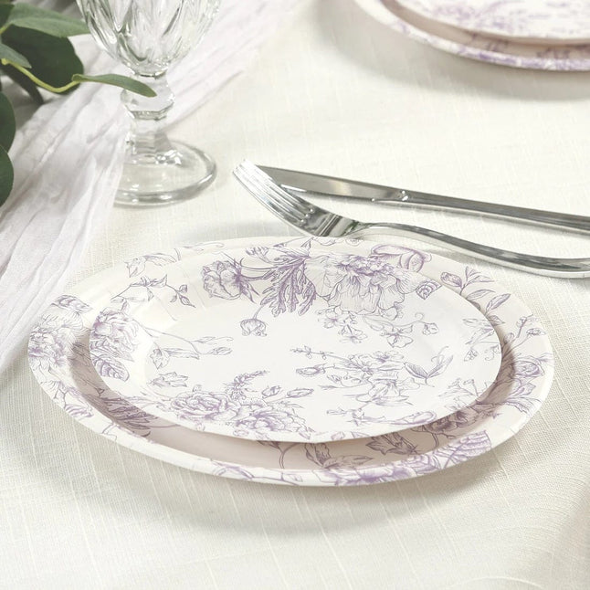 25 White Disposable Salad Dinner Paper Plates with French Toile Design