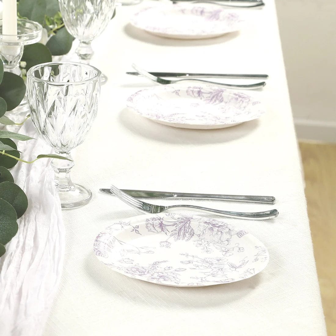 25 White Disposable Salad Dinner Paper Plates with French Toile Design