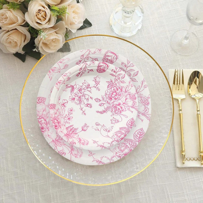 25 White Disposable Salad Dinner Paper Plates with French Toile Design