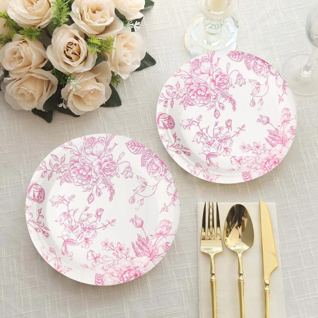 25 White Disposable Salad Dinner Paper Plates with French Toile Design