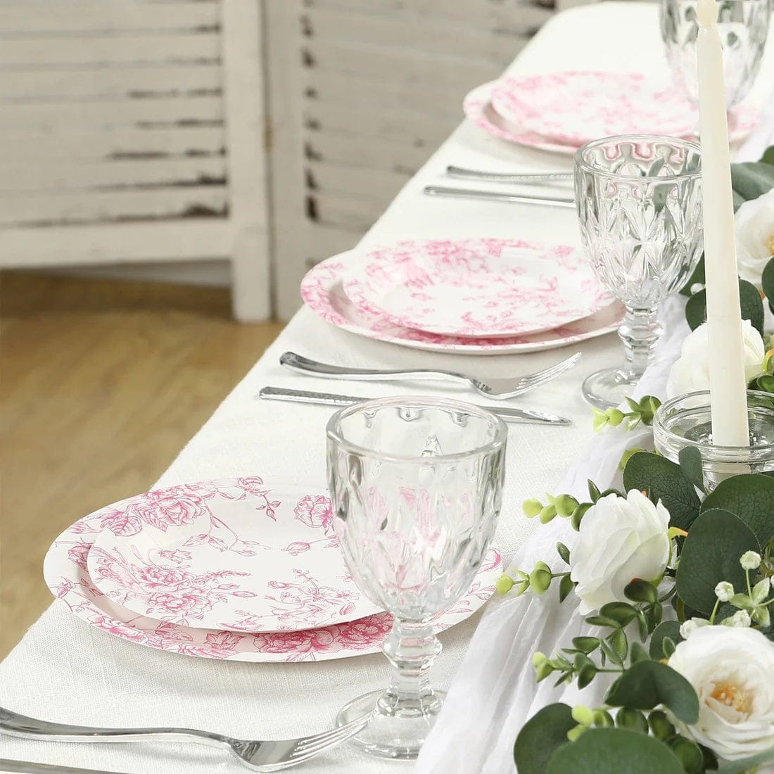 25 White Disposable Salad Dinner Paper Plates with French Toile Design