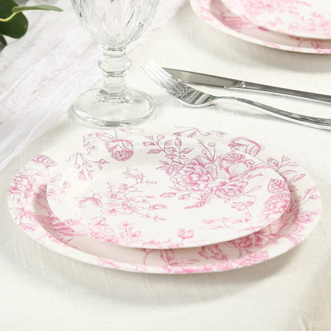 25 White Disposable Salad Dinner Paper Plates with French Toile Design