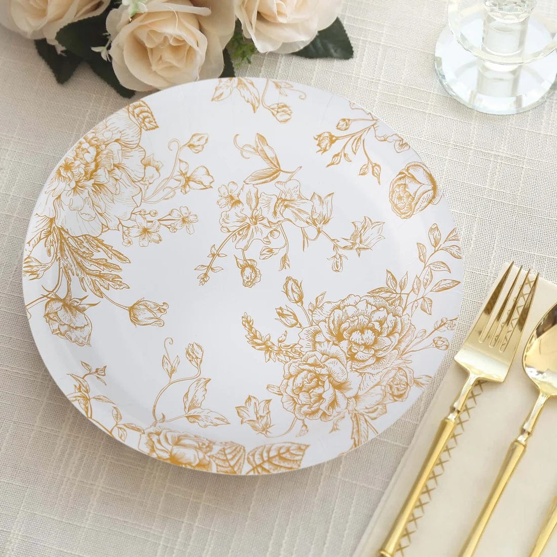 25 White Disposable Salad Dinner Paper Plates with French Toile Design
