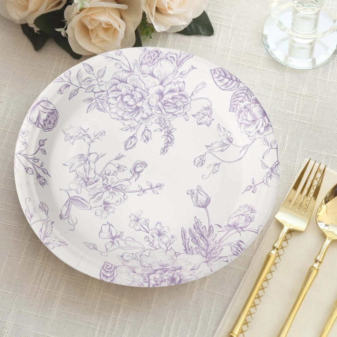 25 White Disposable Salad Dinner Paper Plates with French Toile Design