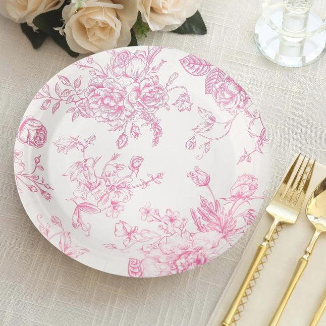 25 White Disposable Salad Dinner Paper Plates with French Toile Design