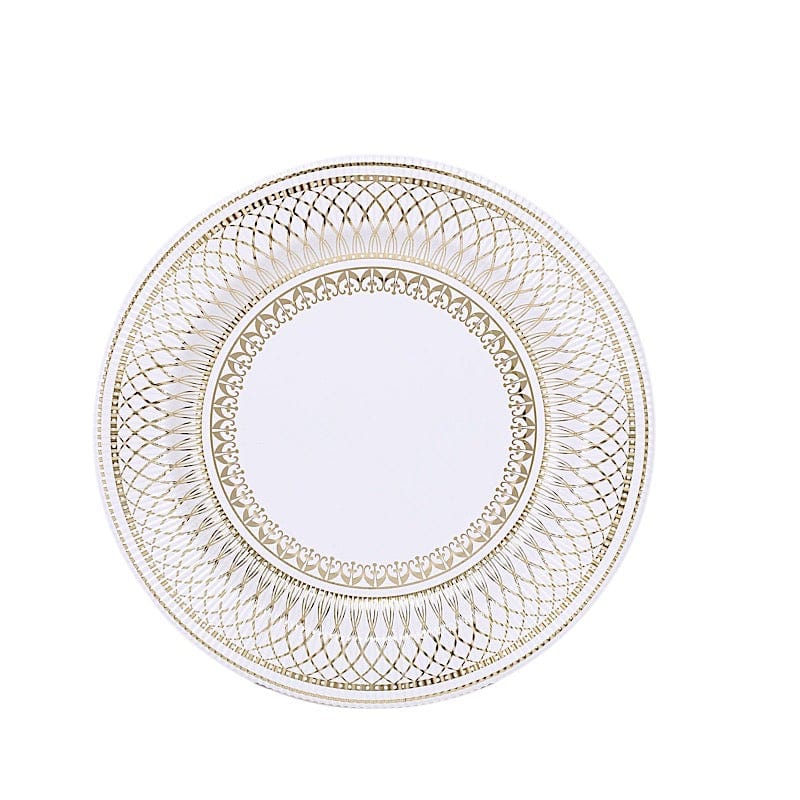 25 White Round Disposable Paper Plates with Gold Porcelain Design