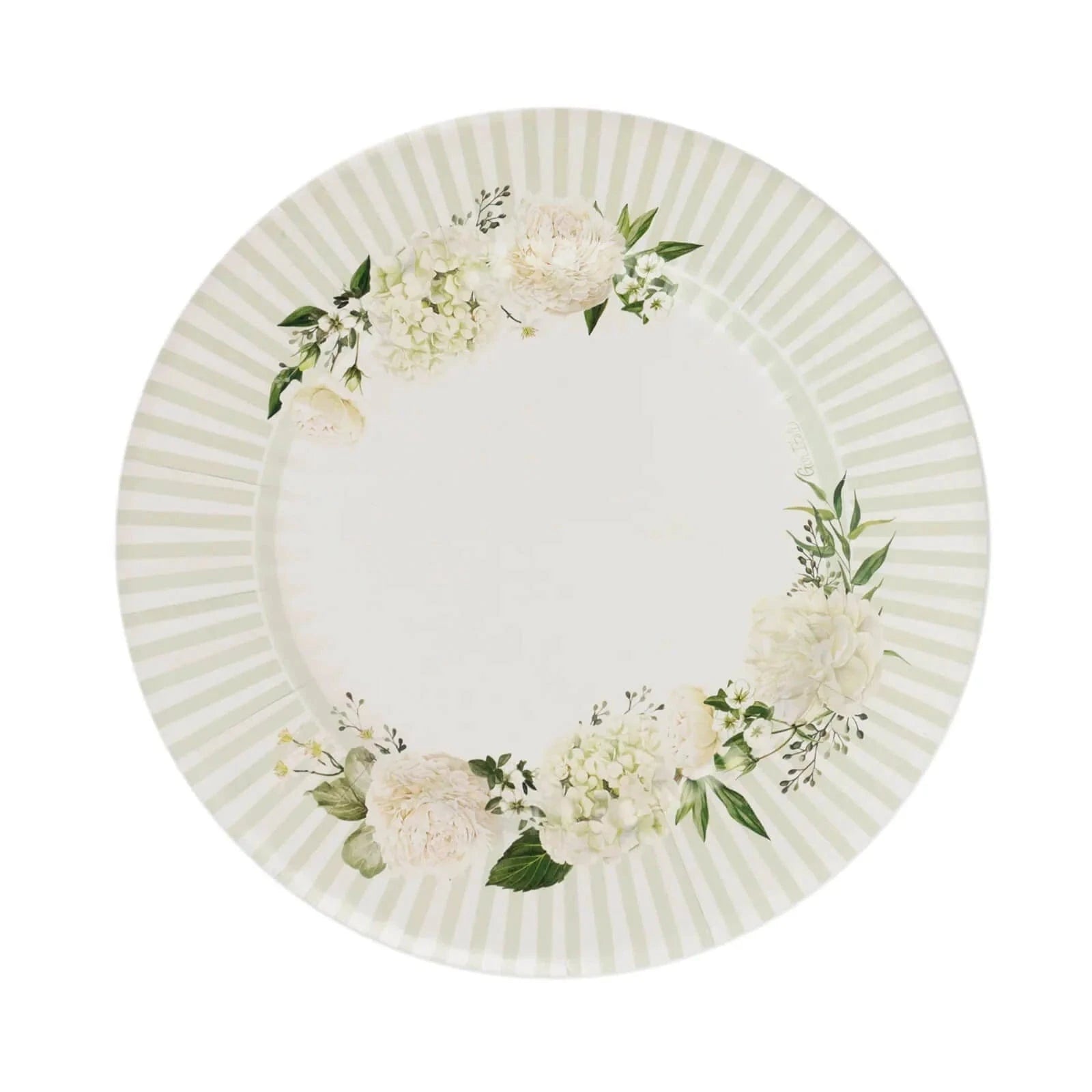 25 White Sage Green Dinner Paper Plates with Floral Lined Rim