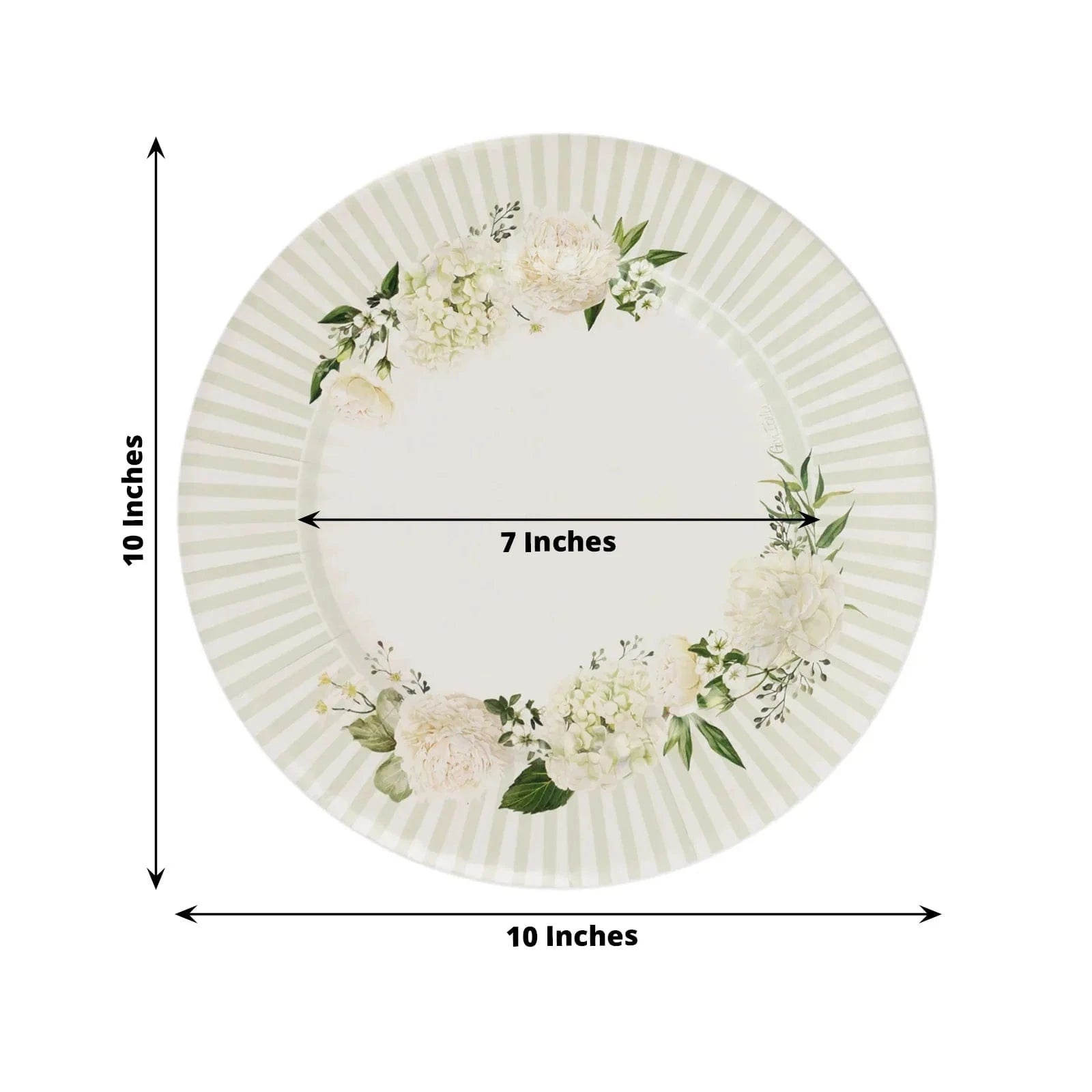 25 White Sage Green Dinner Paper Plates with Floral Lined Rim