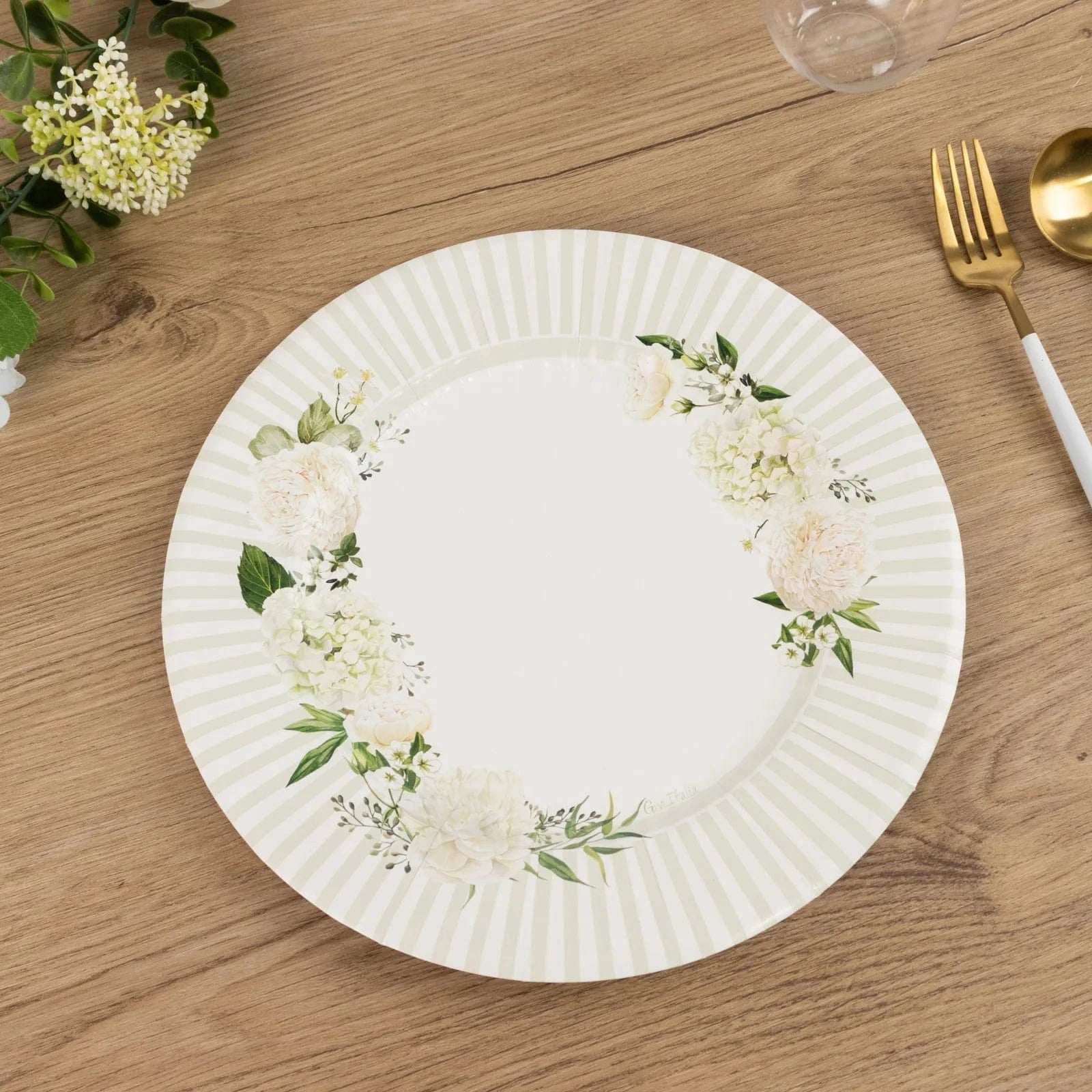 25 White Sage Green Dinner Paper Plates with Floral Lined Rim