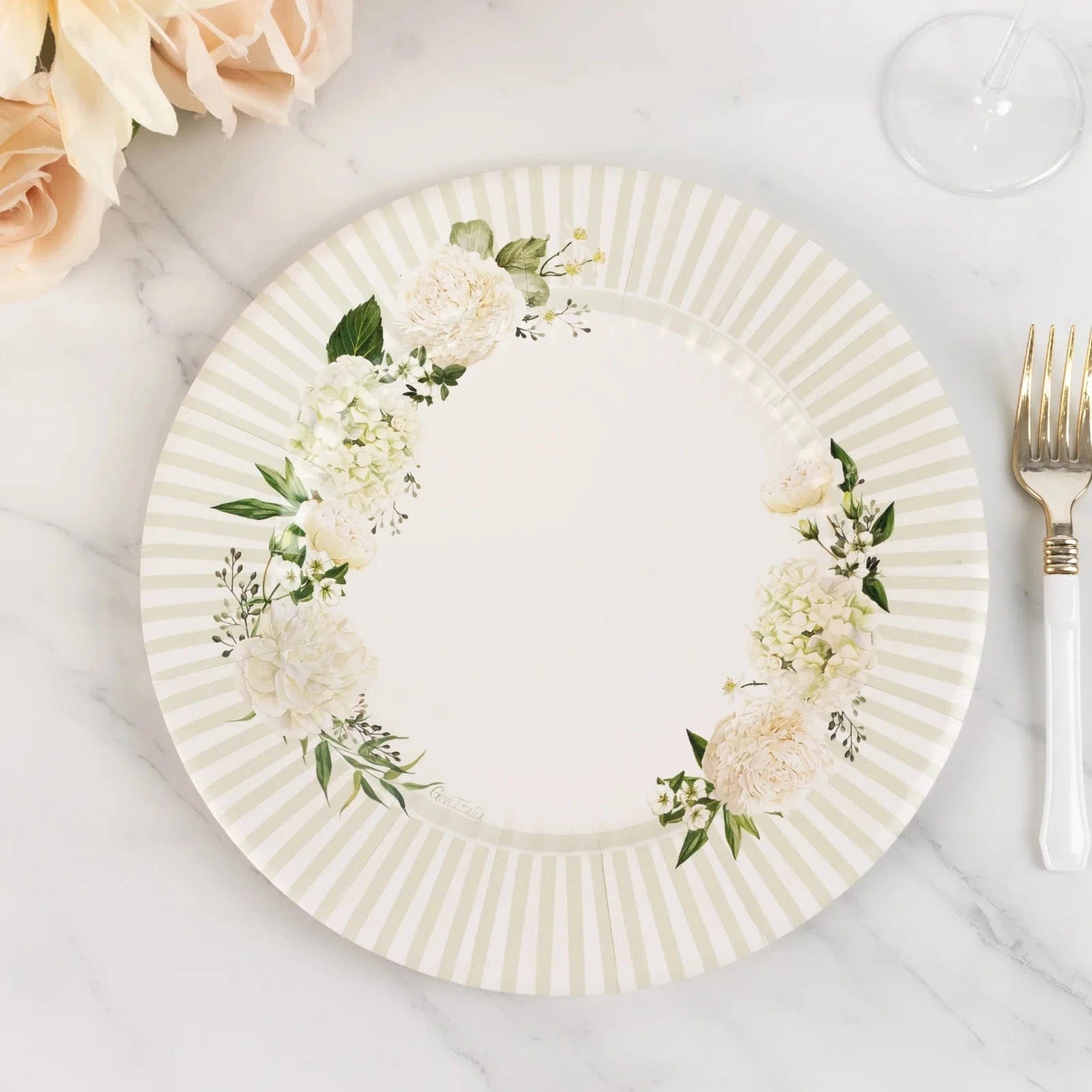 25 White Sage Green Dinner Paper Plates with Floral Lined Rim