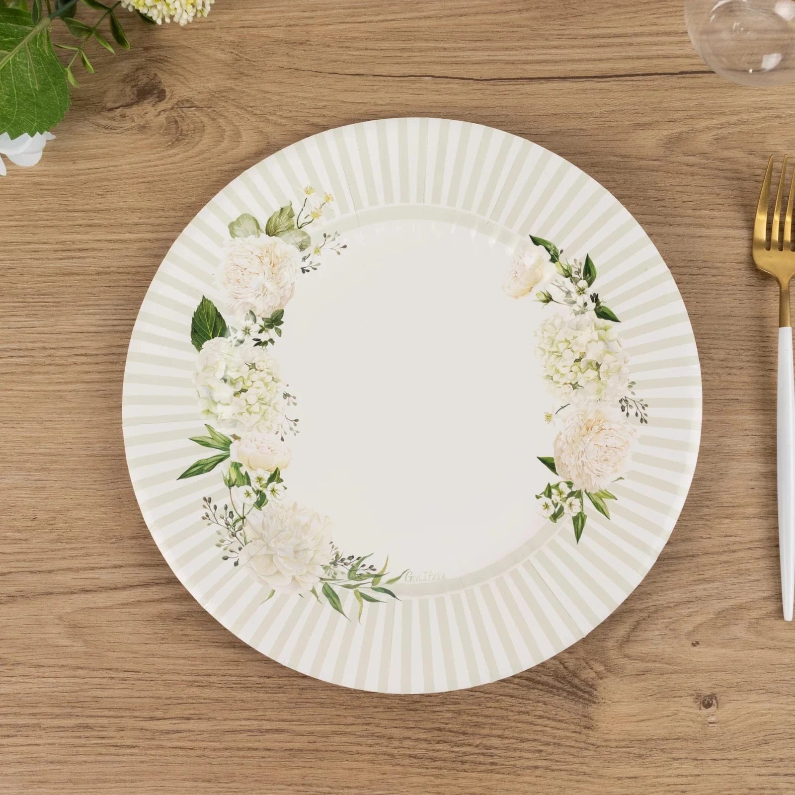 25 White Sage Green Dinner Paper Plates with Floral Lined Rim