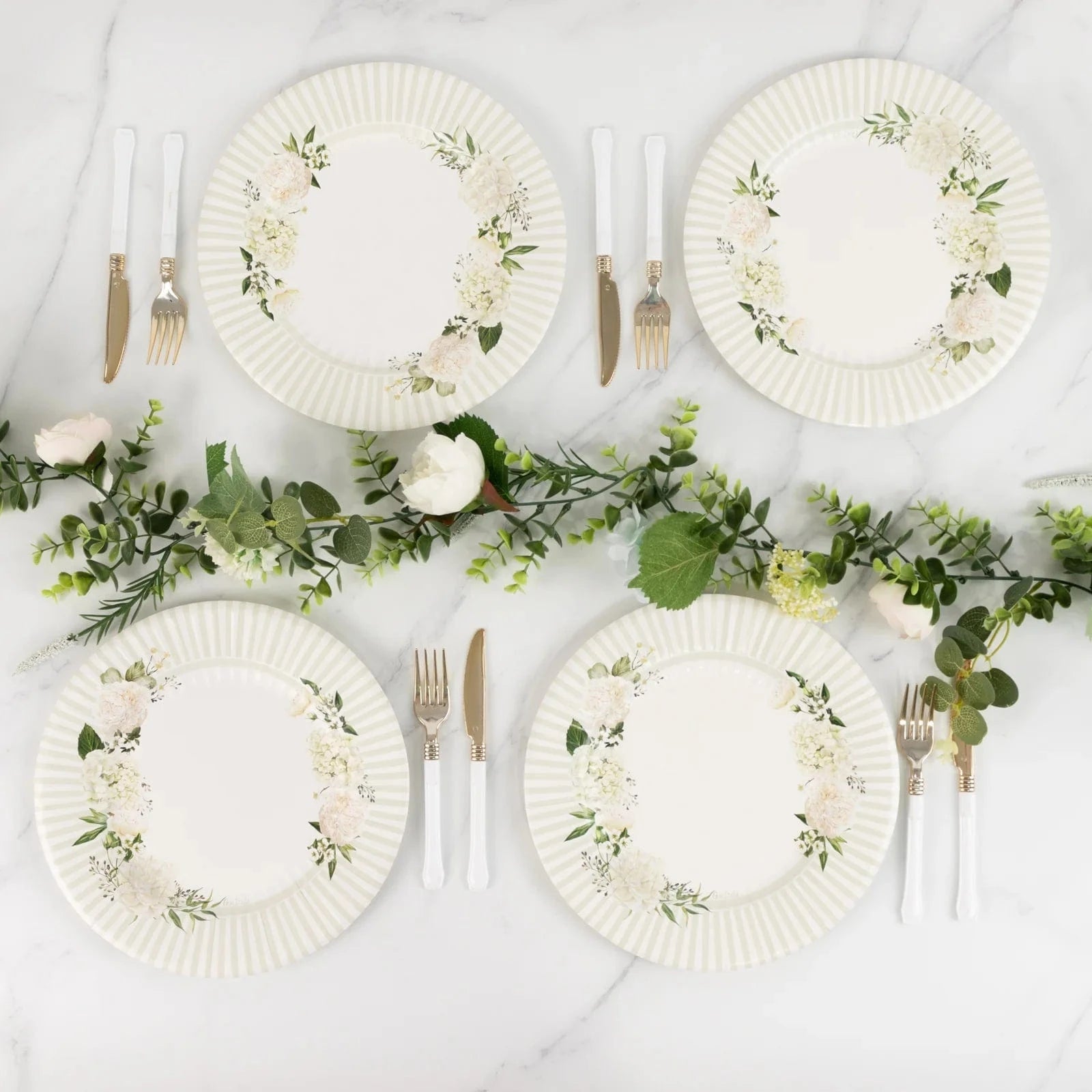 25 White Sage Green Dinner Paper Plates with Floral Lined Rim