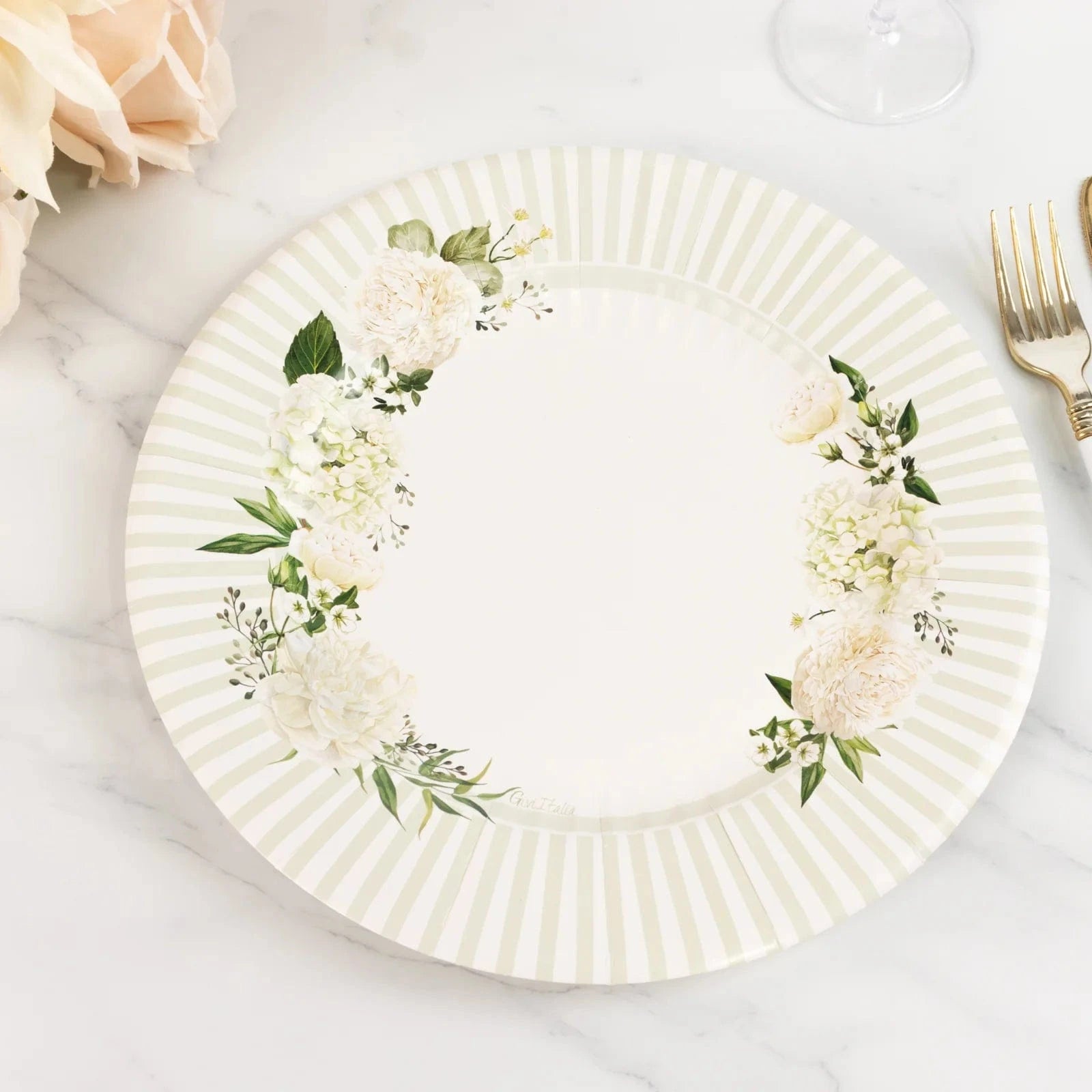25 White Sage Green Dinner Paper Plates with Floral Lined Rim