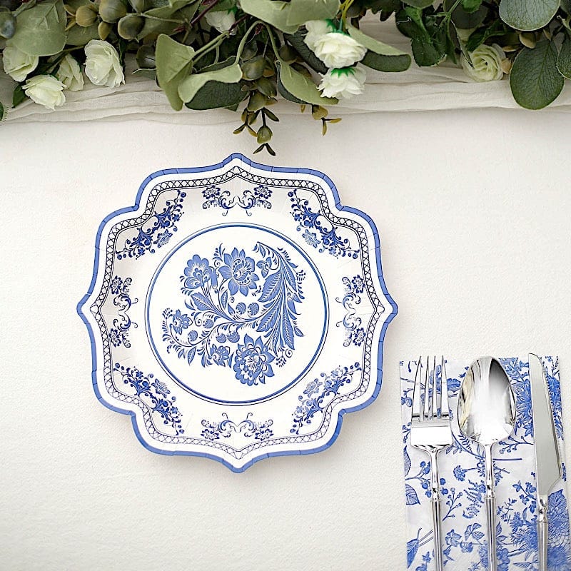 25 White with Blue Floral Disposable Dessert Dinner Paper Plates with Scallop Trim