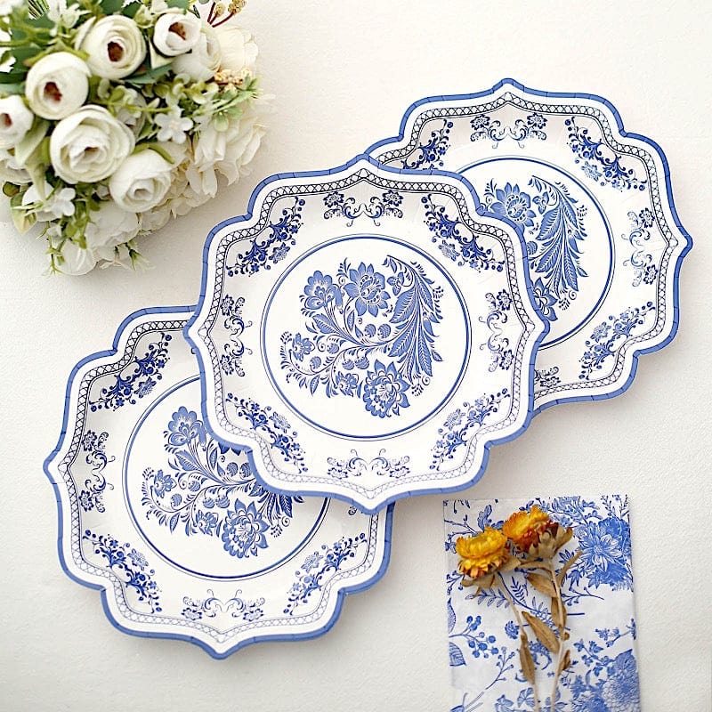 25 White with Blue Floral Disposable Dessert Dinner Paper Plates with Scallop Trim