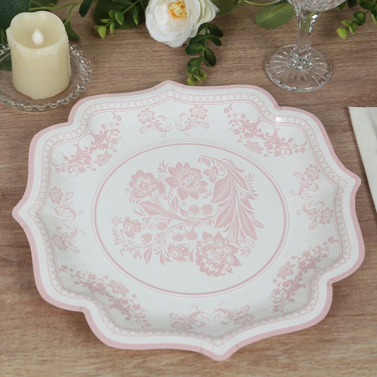 25 White with Blue Floral Disposable Dessert Dinner Paper Plates with Scallop Trim