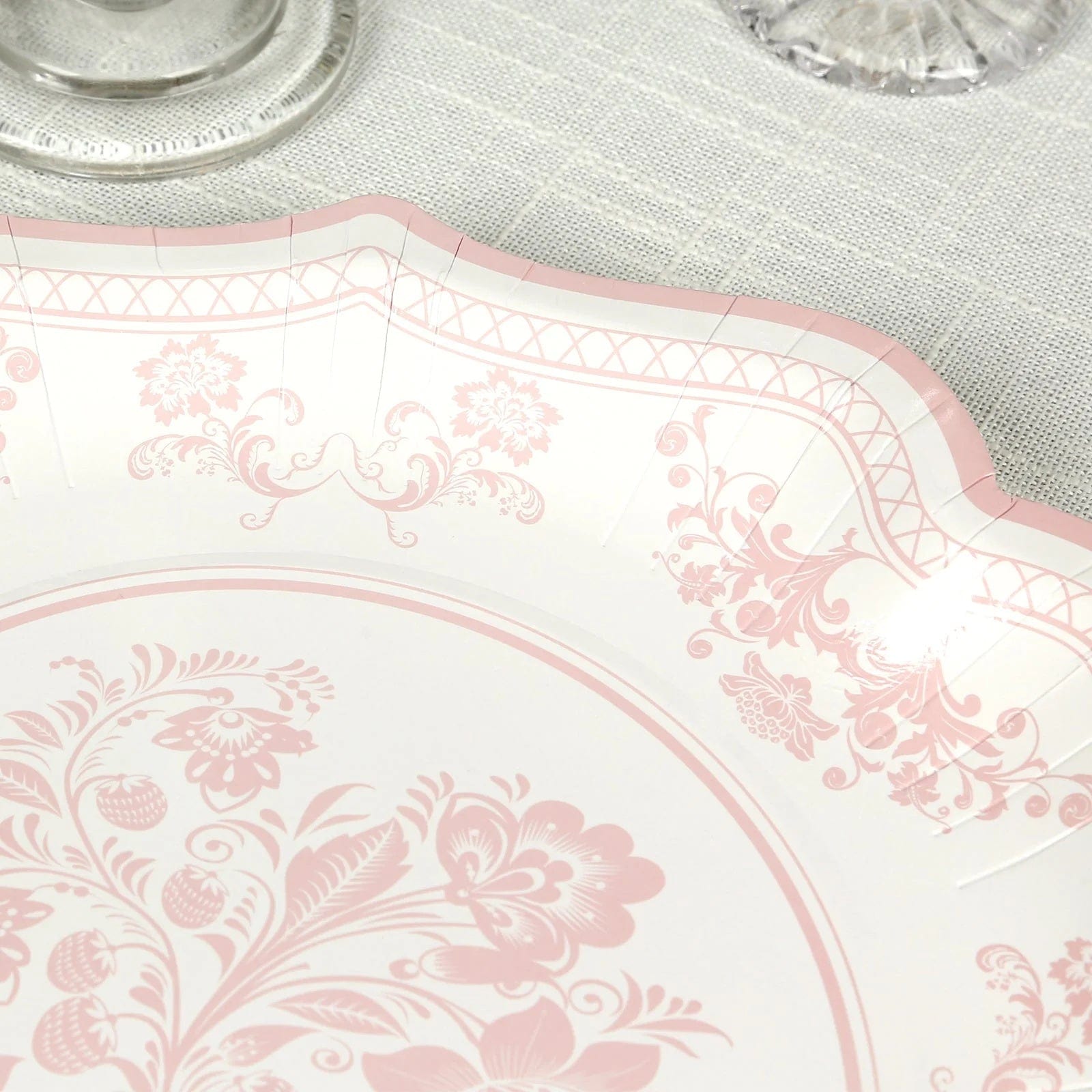 25 White with Blue Floral Disposable Dessert Dinner Paper Plates with Scallop Trim