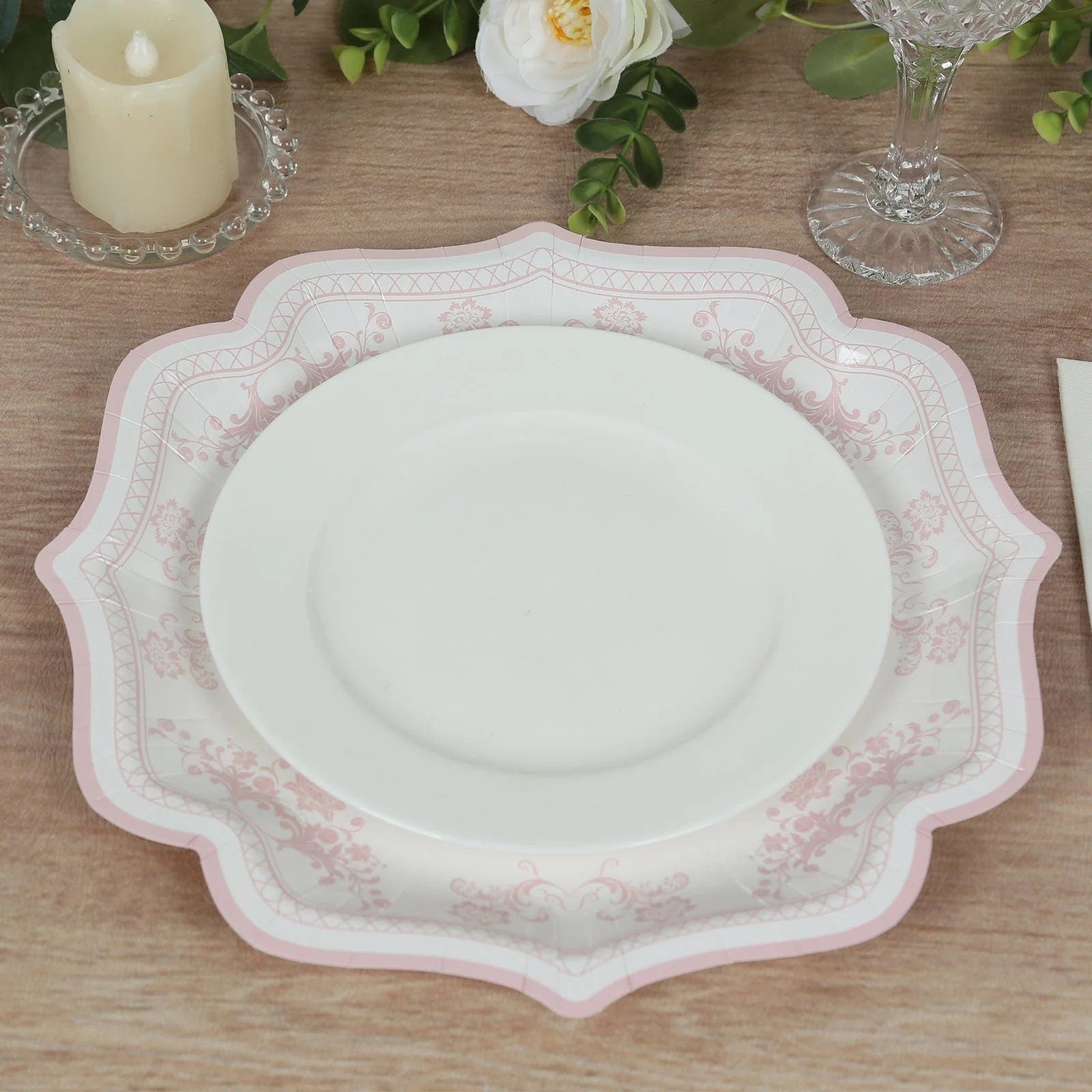 25 White with Blue Floral Disposable Dessert Dinner Paper Plates with Scallop Trim
