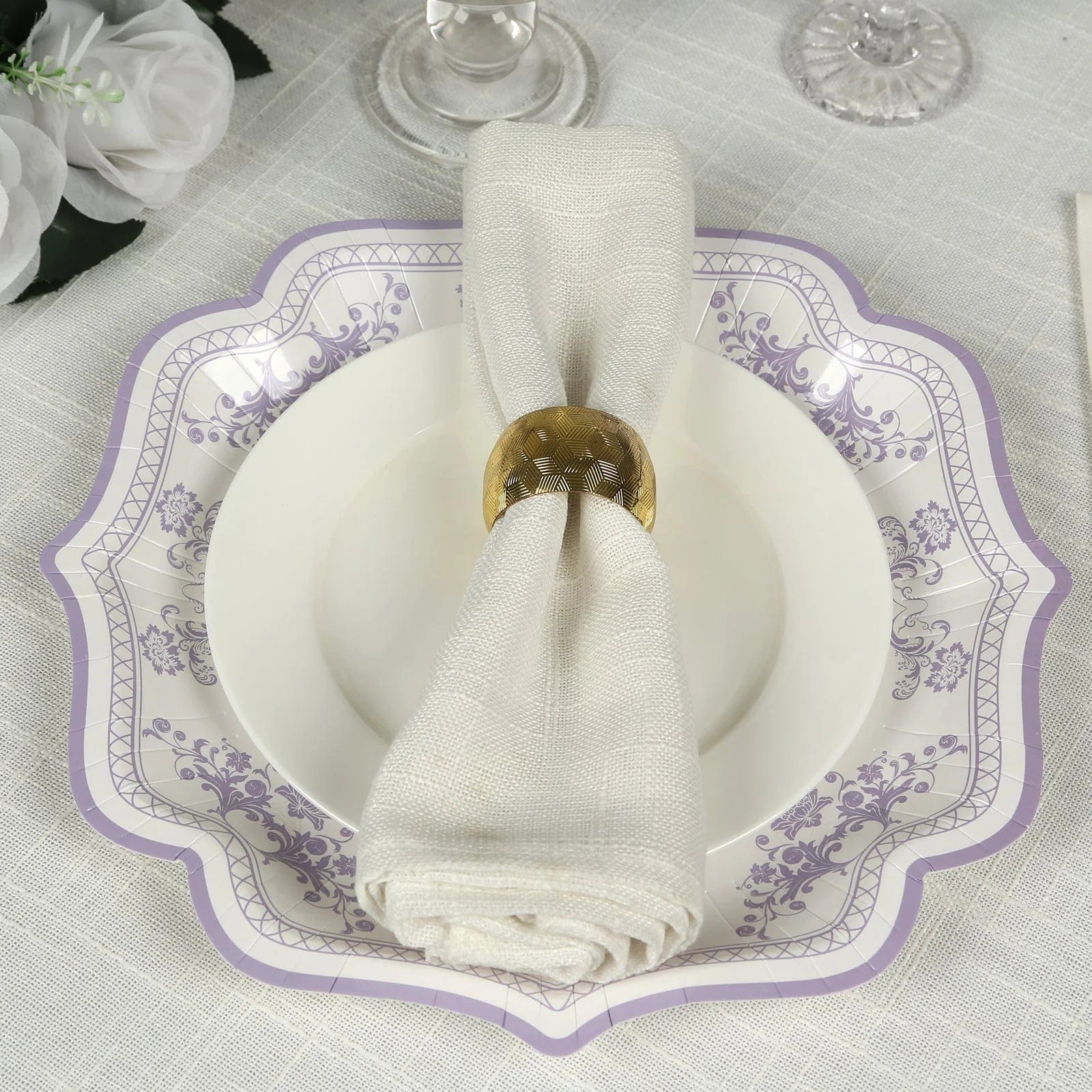 25 White with Blue Floral Disposable Dessert Dinner Paper Plates with Scallop Trim