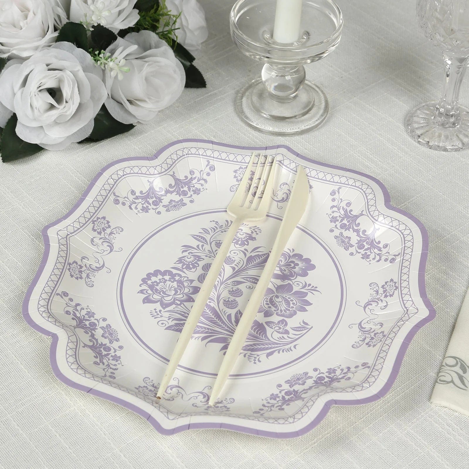 25 White with Blue Floral Disposable Dessert Dinner Paper Plates with Scallop Trim
