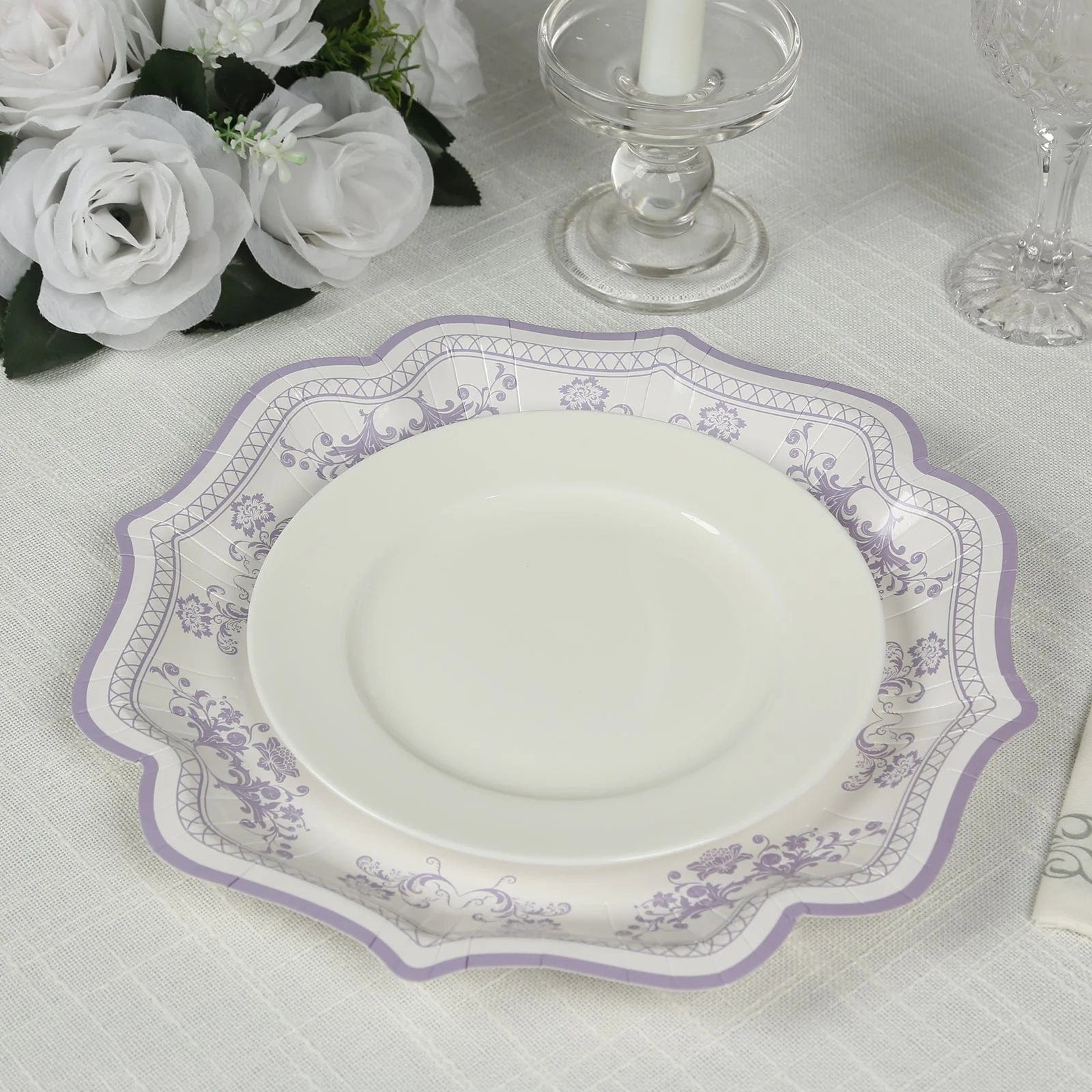 25 White with Blue Floral Disposable Dessert Dinner Paper Plates with Scallop Trim