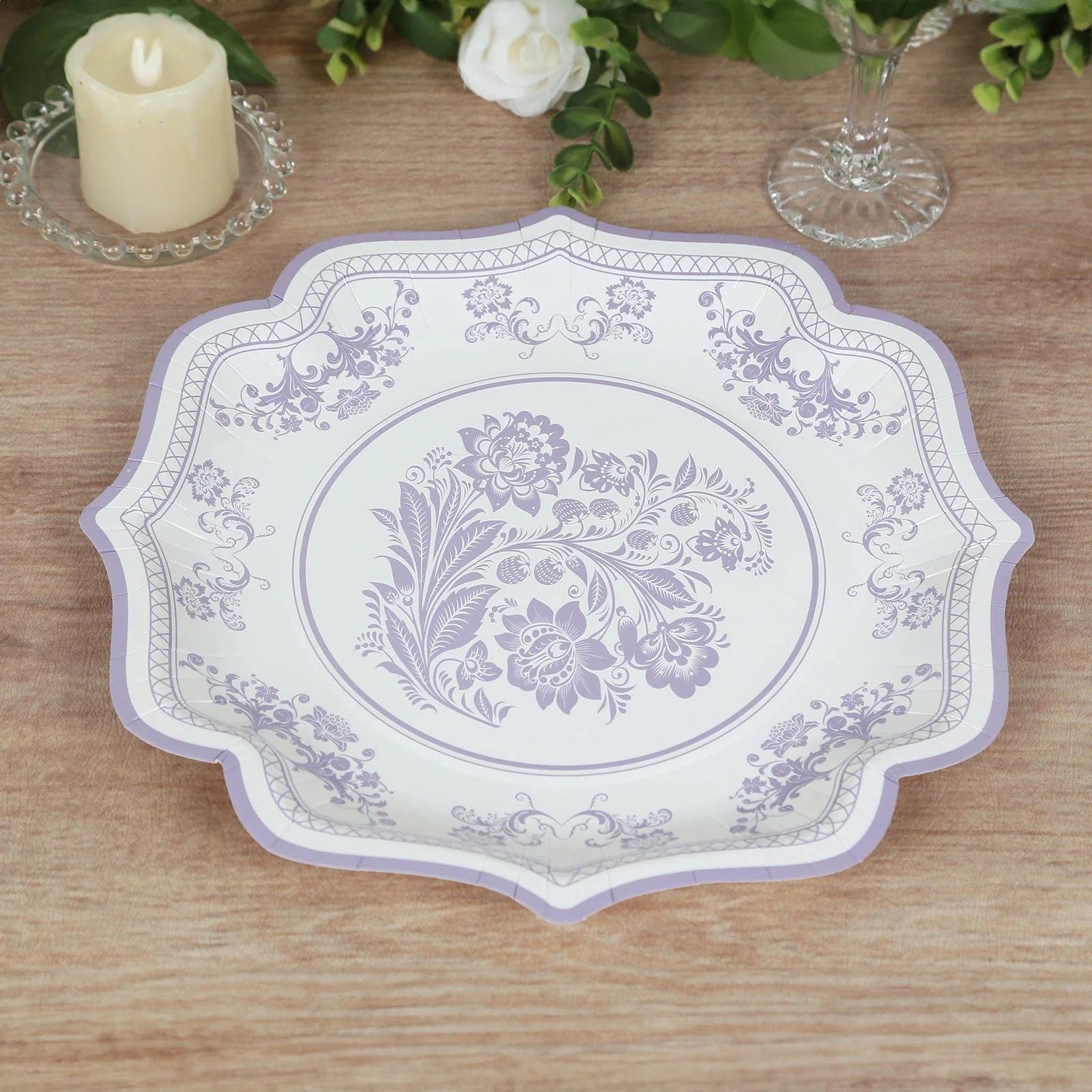 25 White with Blue Floral Disposable Dessert Dinner Paper Plates with Scallop Trim
